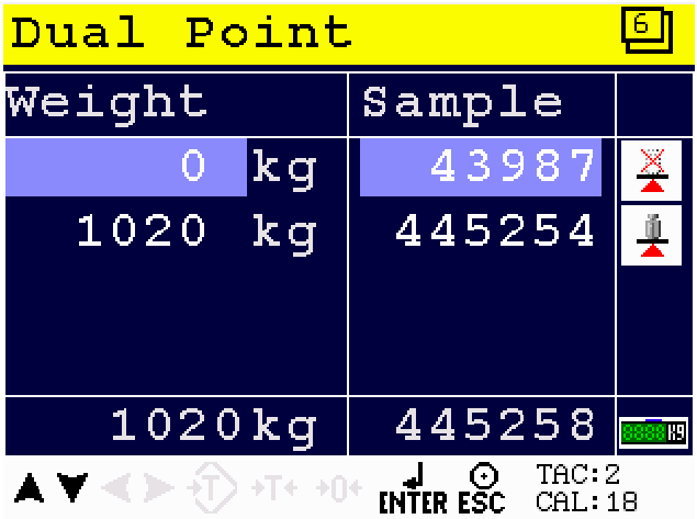 3.2.1.4 VZORKY AD PŘEVODNÍKU (SAMPLE) Ukazuje přímou hodnotu vzorku analogově digitálního převodníku (AD). 3.2.1.5 AKTUÁLNÍ HMOTNOST (WEIGHT) Ukazuje aktuální hmotnost závaží na vážícím systému. 3.2.1.6 AKTUÁLNÍ HMOTNOST X 10 (WEIGHT X10) Ukazuje aktuální hmotnost s desetinásobným rozlišením.