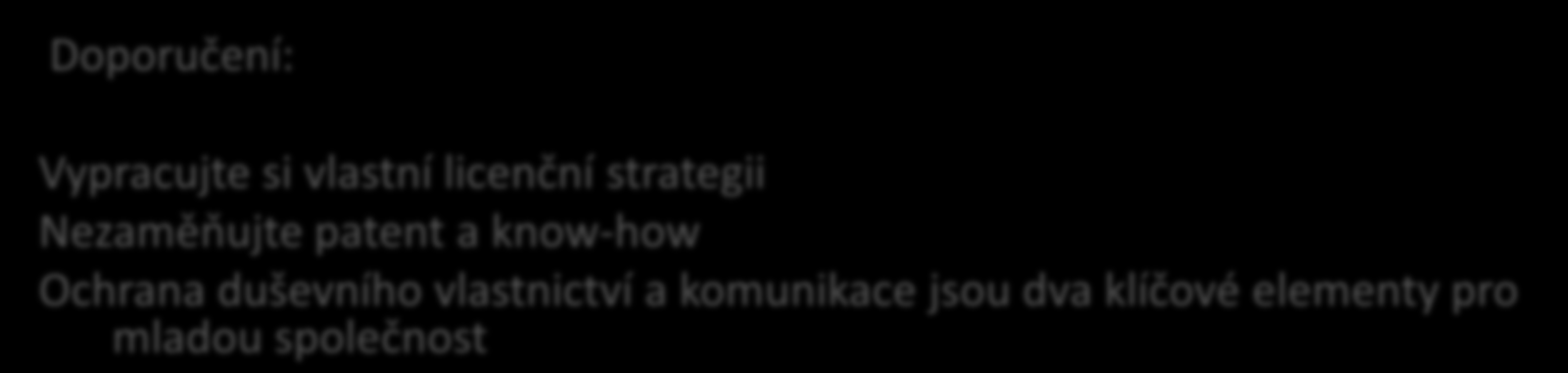 Osyris Doporučení: Vypracujte si vlastní licenční strategii Nezaměňujte patent a know-how Ochrana duševního vlastnictví a komunikace jsou dva klíčové elementy pro mladou společnost Důležité jsou