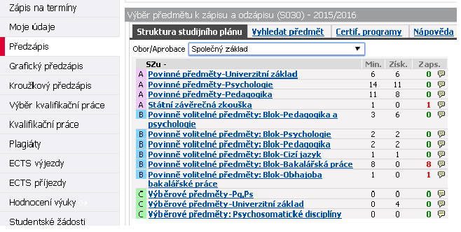 Vyber podle svého studijního oboru například předměty Společného základu, v následujícím okně se ti volbou tohoto filtru zobrazí například toto: Sleduj červeně svítící číslovku u každého studijního