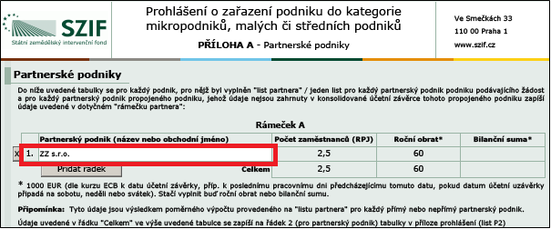 2) Na listu Přílohy P2 Výpočet pro partnerský nebo propojený podnik vyplnit nejprve Sledované období a poté přejít na přílohu A Partnerské podniky. Bod 1.