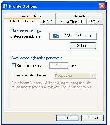 2) a zde vyplňte název nového profilu a typ profilu - volání přes Gatekeeper (Calls through H.323 gatekeeper). Po potvrzení se zobrazí okno se záložkami.