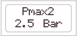 Pmax2: Tato stránka se zobrazí pouze tehdy, když bude parametr AUXILIARY CONTACT (pomocný kontakt) nastaven na hodnotu 3 (druhá funkce nastavené hodnoty); tento parametr se používá pro nastavení