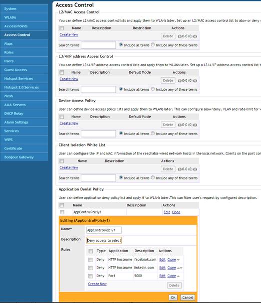 WLANs Advanced Options Application Visibility