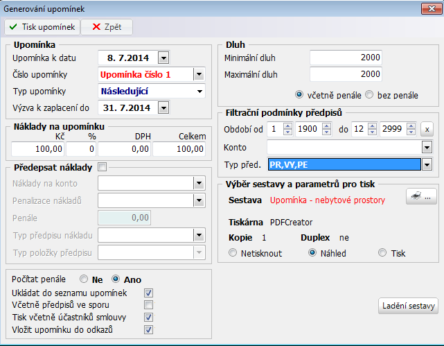 3. Upomínky 3.1. Nastavení upomínání Nastavení uživatele pro tisk upomínek provedete ve volbě Nájem Uživatelé prostor v detailu uživatele pole Upomínat, implicitně je zaškrtnuto. 3.2.