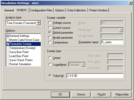 Parametrická simulace Často je třeba znát chování obvodu pro různou hodnotu parametru součástky (například různý zatěžovací odpor).