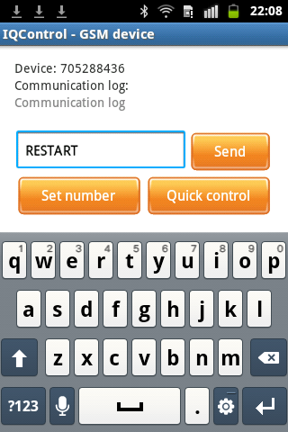 7.1 Ovládání pomocí SMS. Klikneme na tlačítko Do okna Text to send vložíme text příkazu, například RESTART. SMS bude zaslána a po obdržení odpovědi bude zobrazena v Communication log okně.