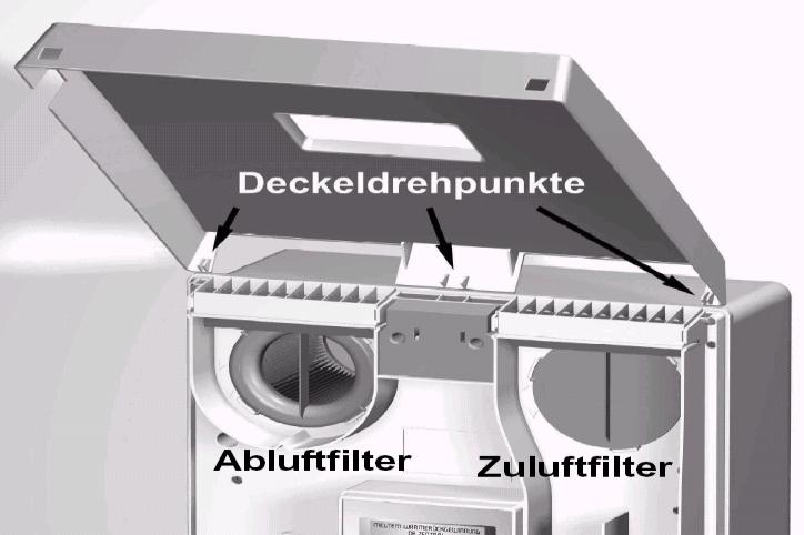 Zasuňte nový filtr do přístroje. Zasuňte krt výstupního filtru vzduchu. Označení na krytu filtru musí lícovat s označením na desce jednotky. Kryt filtru otočte doprava a bajonetu zasuňte na doraz.