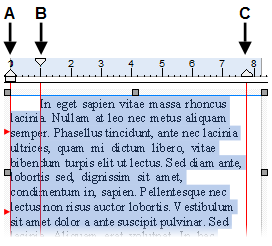 Práce s textem 107 Nastavení odsazení odstavců Pokud je vybrán textový objekt, značky na vodorovném pravítku označují levé odsazení, odsazení prvního řádku a pravé odsazení aktuálního odstavce.