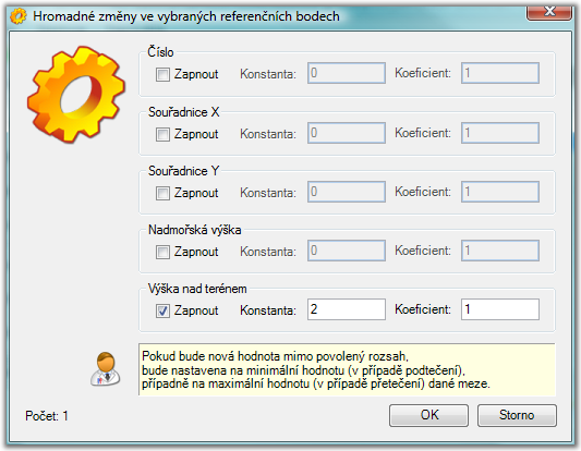 Projekt Zvolíme požadované parametry, které chceme měnit a nastavíme konstantu a koeficient přepočtu. Přepočet se provede pro všechny vybrané referenční body.