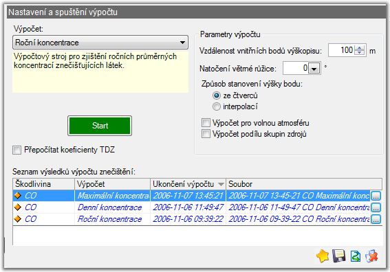 66 SYMOS '97 Výpočet V rozbalovacím seznamu zvolte požadovaný druh výpočtu. K dispozici jsou tyto volby: 1. Roční koncentrace 2. Denní koncentrace 3.