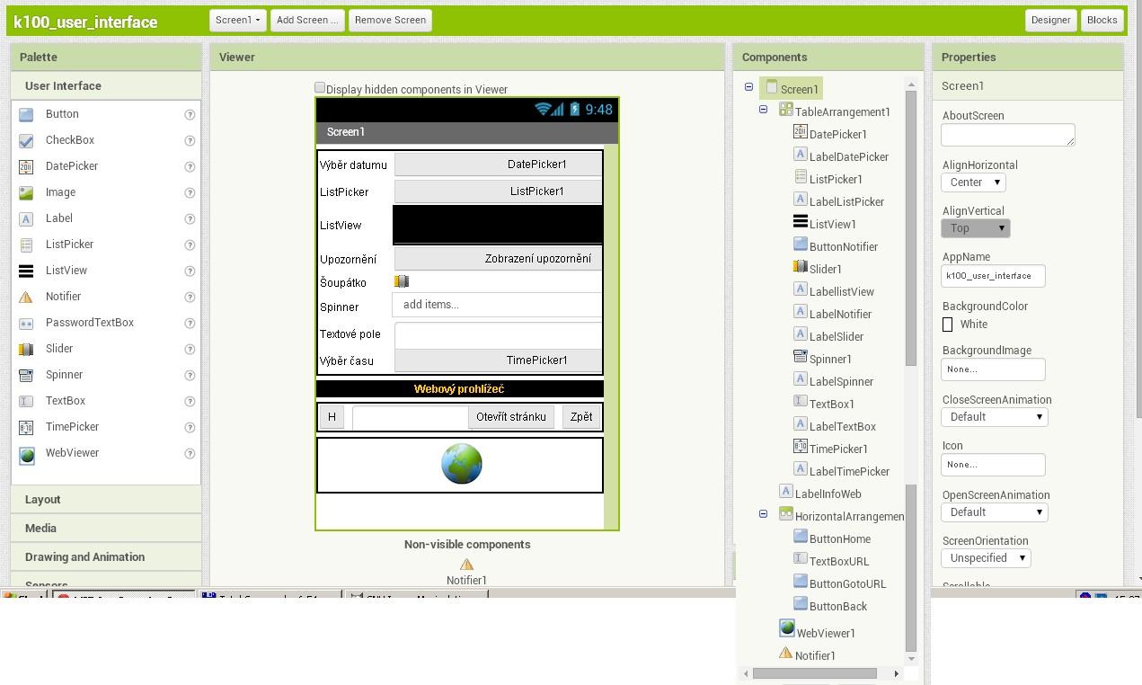 Ukázková aplikace prvků z nabídky User Interface a WebViewer V této apliakce je ukázka všech prvků z User Interface, které jsme zatím v nepoužívali.