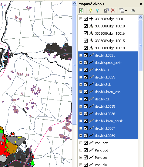 Nastavení zobrazení dat Pokud jsou data zobrazena v mapovém okně můžeme měnit pořadí a způsob jejich zobrazení. V legendě mapového okna jsou data řazena dle jednotlivých druhů (tabulek OpenGIS).