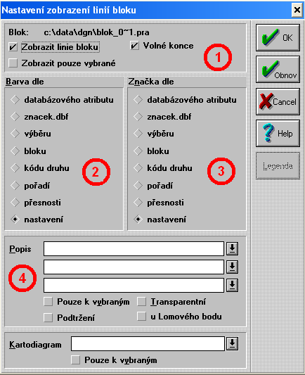 Dialog v TopoLu pro Windows můžeme rozdělit do 4 polí 1. nastavení zobrazení některých vlastností linií 2. nastavení zobrazení barev 3. nastavení zobrazení značek 4. nastavení popisu 5.