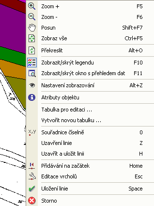 Lokální menu mapového okna Co můžeme právě dělat v mapovém okně Normální stav (není spuštěn žádný nástroj, například editace linií) Jiný stav (je spuštěn nástroj, například editace linií).