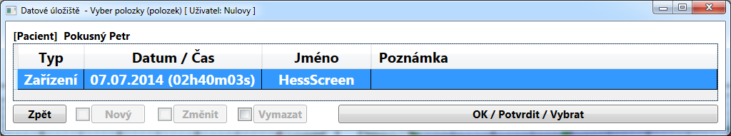 Každý řádek tedy představuje záznam jednoho pacienta s jeho zadanými údaji ve významu: datum a čas vložení záznamu (přidání pacienta), jméno a příjmení, datum narození nebo libovolnou identifikaci,