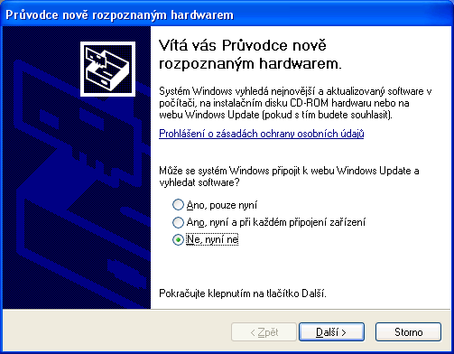 1.3. Instalace Windows XP Zapněte Váš počítač a propojte USB kabel s počítačem a zapnutou jednotkou. Zobrazí se následující okno viz. obr.