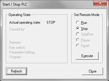 4 GX IEC Developer 7.01 4.2 Strana 25 Změna režimu PLC Jak už bylo napsáno v kapitole 3.2 má automat dva operační módy a to RUN a STOP.