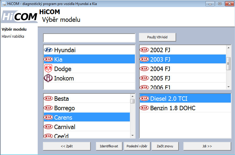5 Spojení s řídicími jednotkami 5.1 Výběr modelu Před Výběrem řídicí jednotky (nebo Auto Scanem) je požadován výběr modelu vozidla.