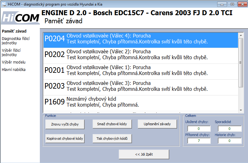 7.2 Čtení paměti závad Tato funkce umožňuje přečíst a zobrazit chybové kódy uložené v paměti řídicí jednotky (tzv. CMDTC) Poznámka: Ne všechny řídicí jednotky podporují čtení chybových kódů.