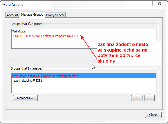 Pro nalezení skupiny dle jména je možné použít vyhledávací pole, do kterého se napíše hledaný text a následně se stiskne klávesa ENTER.
