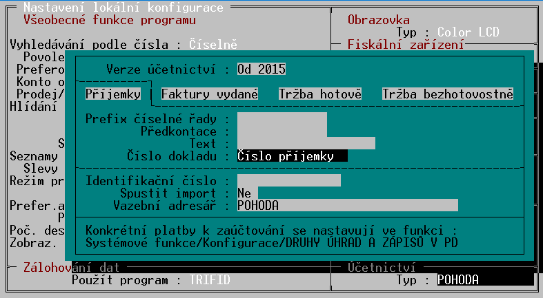 Nová verze exportu dokladů do účetního programu Pohoda Nastavuje se na obvyklém místě v Lokální konfiguraci, volbou parametru Účetnictví Typ Pohoda.