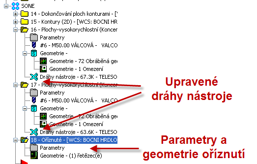 Řešené úkoly při soustružení v CAD/CAM systému 123 Ve stromě instrukcí je možné rozeznat upravené dráhy nástroje a parametry a geometrie oříznutí, viz. Obrázek 3.