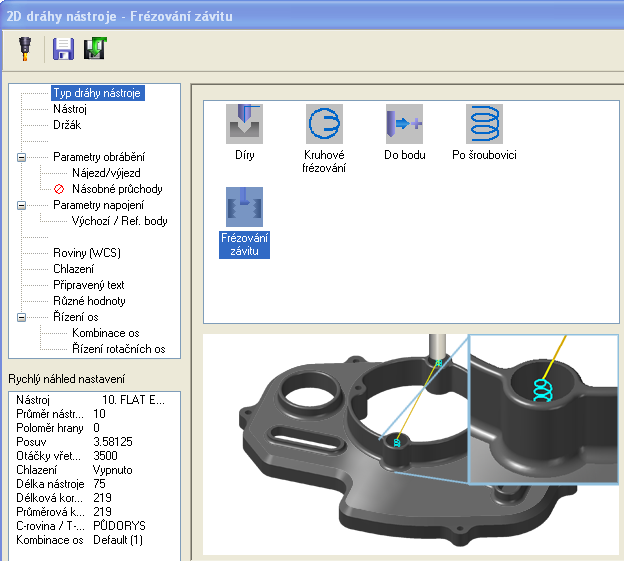 Řešené úkoly při frézování v CAD/CAM systému 159 Následující obrázek ukazuje strom instrukcí kde jsou vidět vytvořené cykly obrábění začínající předvrtáním a v pravé části pak výsledná dráha nástroje.