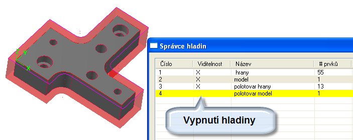 Řešené úkoly v CAD modulu CAD/CAM systému - Design 50 Obrázek 2.14 Přiřazení nově vytvořené geometrie polotovaru Pokud chceme mít polotovar průhledný, vypneme hladinu, do které jsme provedli vytažení.