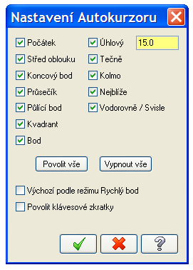 Řešené úkoly v CAD modulu CAD/CAM systému - Design 87 Obrázek 2.100 Ikona konfigurace V otevřeném dialogovém okně pak nastavte požadované vlastnosti. Obrázek 2.101 Nastavení požadovaných vlastností autokurzoru Příklad 2.