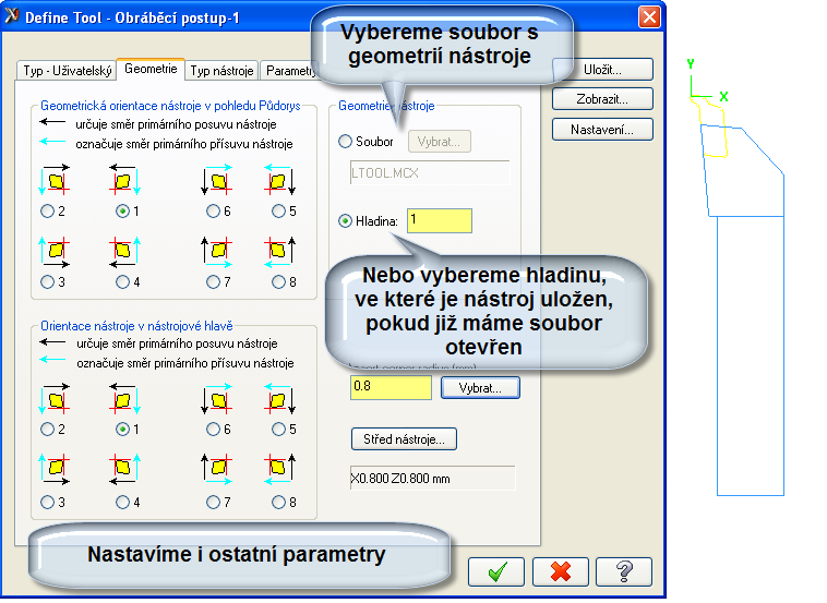 Řešené úkoly při soustružení v CAD/CAM systému 99 Obrázek 3.17 Uložení nového řezného nástroje do knihovny nástrojů-1 Systém při ukládání požaduje doplnění dalších informací viz.