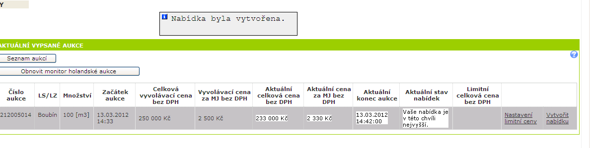 Holandská aukce (sestupná) s možností navyšování ceny V okamžiku vytvoření nabídky ( ) je aukce překlopena do podoby aukce anglické a v okně Aktuální konec aukce ( ) se objeví čas /po dobu dvou minut