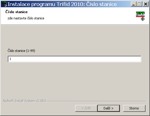 Instalace Hodnota může být v rozmezí od 1 do 99. U nesíťových instalací programu TRIFID doporučujeme nechat jako číslo nabízenou jedničku. Svoji volbu opět potvrďte kliknutím na tlačítko Další >.