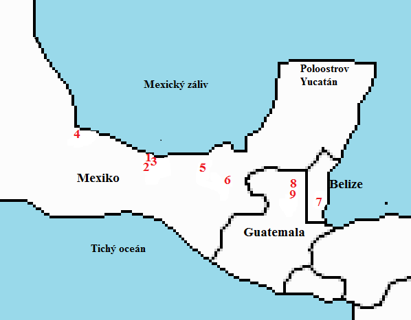 Obr. 1. Lokality nálezu pyrenomycetů. 1 Montepio, 2 Sihuapan, 3 Los Tuxtlas, 4 Cardel, 5 Villahermosa, 6 Palenque, 7 Cockscomb basin, 8 Uaxactun, 9 Tikal 2.