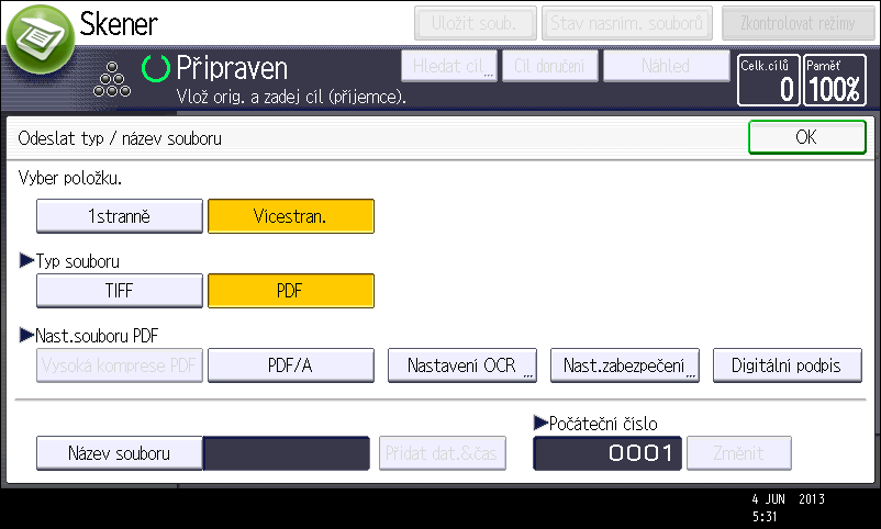 6. Skenování Zadání typu souboru Tato část popisuje postup zadávání typu souboru, který chcete odeslat.