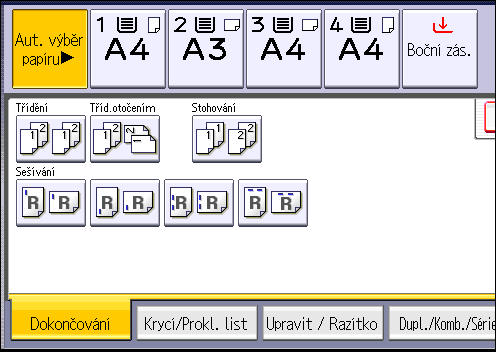 Třídění 1. Stiskněte položku [Dokončování]. 2. Vyberte [Třídění] nebo [Tříd. otočením] a poté stiskněte [OK]. 3. Pomocí číselných tlačítek zadejte počet sad kopií. 4. Vložte originály.