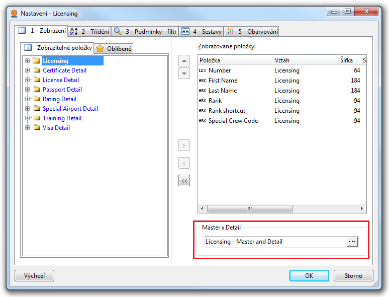 UTB ve Zlíně, Fakulta aplikované informatiky, 2011 52 Master x Detail se nastavuje nad konkrétním zobrazeným přehledem, v tomto případě přehledem Licensing, přes tlačítko Nastav.
