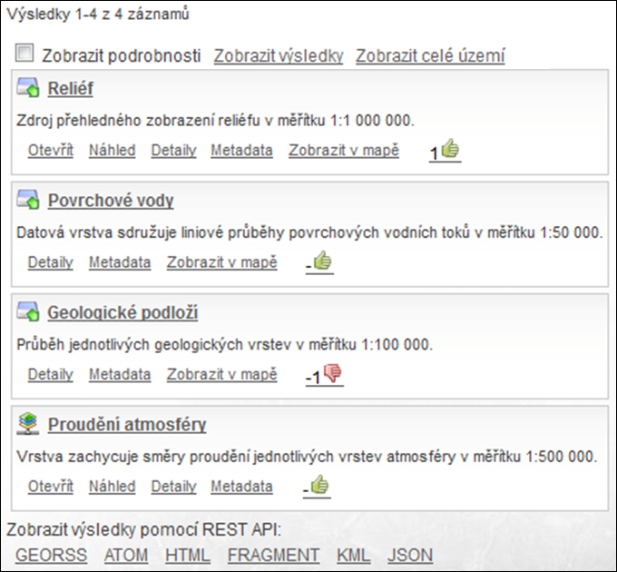 obr. Výsledky vyhledávání Pomocí tlačítka Zobrazit podrobnosti je možné nabídku u jednotlivých metadatových záznamů zobrazit a skrýt.