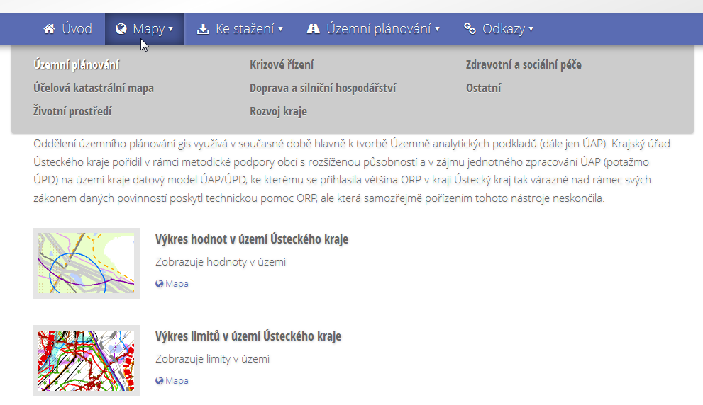 V rámci jednotlivých sekcí jsou využívány tzv. seznamy. Jedná se o seskupení informací o daném výstupu (mapě, aplikaci, dokumentu ke stažení apod.