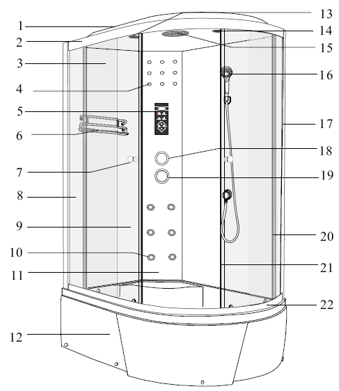 1 stříška (horní kryt) 2 horní kolejnice 3 zadní panel stěny 4 dekorativní osvětlení LED 5 elektronický ovládací panel 6 police 7 madla 8 boční pevná skla 9 posuvna skla 10 masážní panel 11