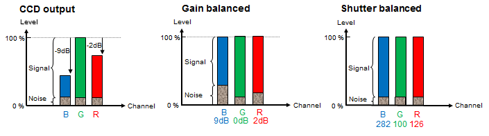 Individuální nastavení expozice u 3CCD Stejný expoziční čas a zesílení pro všechny kanály Normalizace signálů použitím analogového zesílení: Modrá +9 db, červená +2 db.