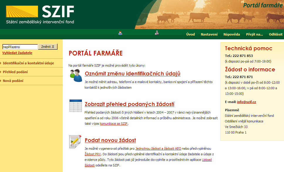 Služby zprovozněné na PF SZIF Přihlášení uživatelé mají v záložce Nastavení (horní lišta) možnost aktivovat si Zasílání informací na e-mail.