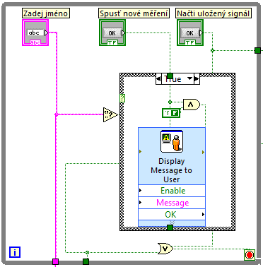 5.2 Blokový diagram Blokový diagram je rozdělen na základní části, které nám tvoří celou strukturu VI. Dílčí celky jsou řazeny obvyklým směrem toku signálu, tzn. zleva doprava (Obr.5.2). Obr. 5.