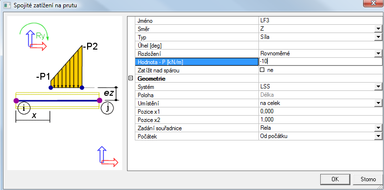 Vybereme zatěžovací stav LC2. Následně zvolíme zadání Bodové sily na prutu.