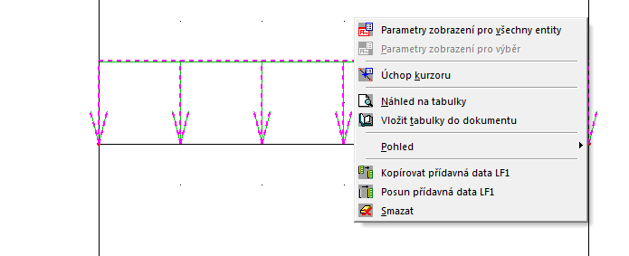 Následně v horní části servisu Zatížení přepneme aktuální zatěžovací stav na LC3 a v tomto zatěžovacím stavu opět zadáme konstantní zatížení na prut o velikosti 15 kn/m.