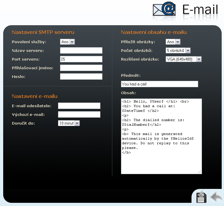 E-mail 2N Helios IP umožňuje v případě nezastižení volaného uživatele odeslat e-mail se zprávou obsahující základní informace o zmeškaném hovoru.