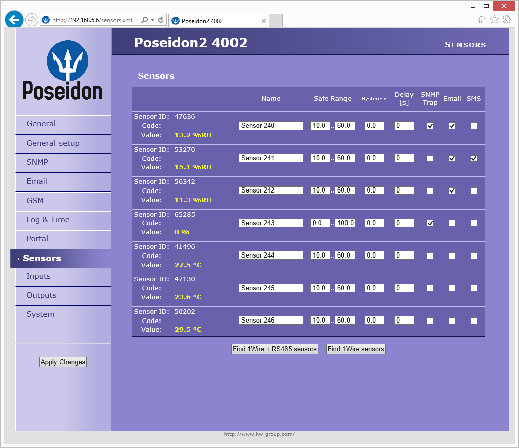 Sensors Záložka nastavuje parametry pro všechna čidla (Sensors) z obou sběrnic. Find 1Wire + RS485 sensors a Find 1Wire sensors Tlačítka pro spuštění autodetekce připojených čidel.