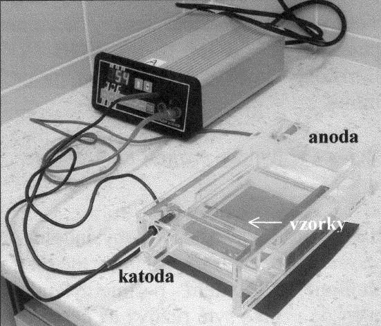 Metody molekulární biologie opakovaně ji zahříváme k varu a promícháváme až do úplného rozpuštění. Pak necháme agarózu zchladit asi na 45 C a poté ji nalijeme do připravené vaničky (viz obrázek 36).