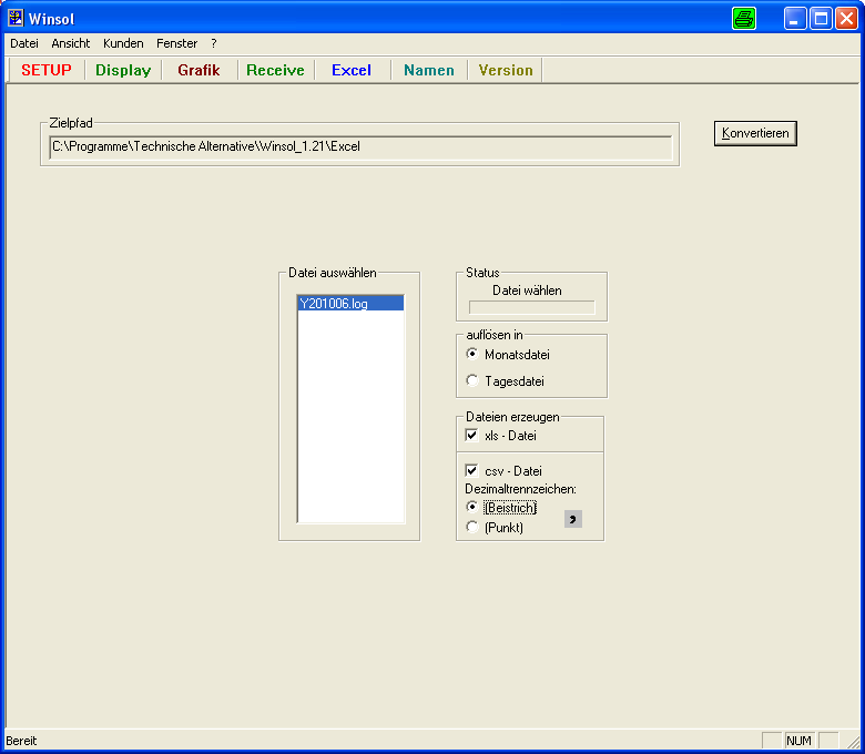 Winsol Excel V tomto menu mohou být konvertovány soubory LOG, pro další zpracování libovolným programem pro tabulkový výpočet, do datového formátu.xls nebo.csv.