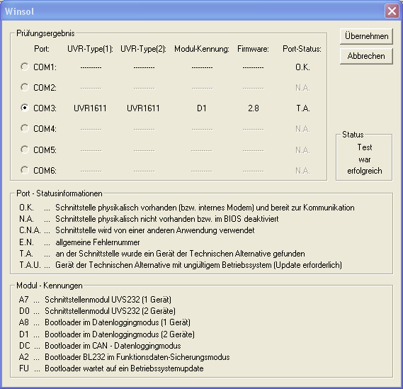 Stanovení přípojky COM Winsol Prostřednictvím příkazu Test Com je, nezávisle na nastaveních v Setup, možné automatické vyhledávání Datakonvertoru v COM rozhraních (COM1-6), která podporuje program