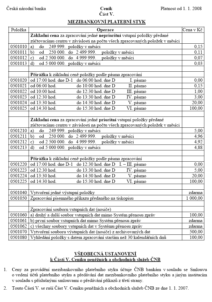 Přílohy: Příloha č. 1 58 58 Česká národní banka: Systém CERTIS mezibankovní platební styk - Ceník [online]. [cit. 10.1.2009].